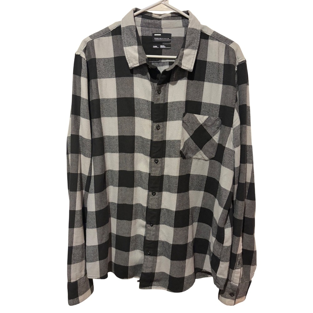 Public Opinion Mens Grey Black Buffalo Plaid Flannel Button Down Shirt XL